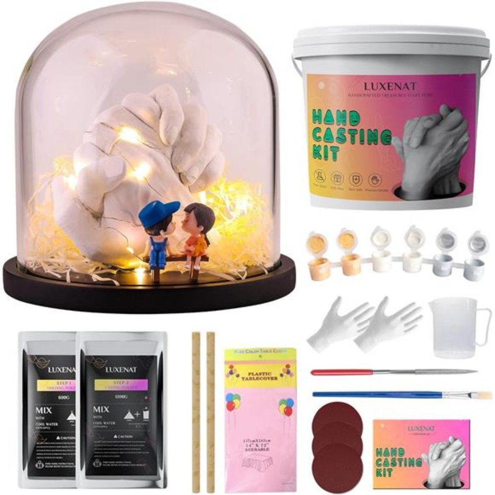 Hand Casting Kit - DIY Hand Plaster Mold Kit, with String Lights, Wooden Base